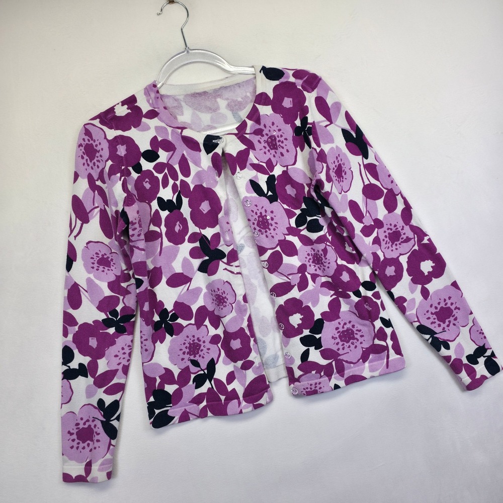 Charter Club Cardigan Women M Purple White Floral Sequins Beads Boho Cottagecore